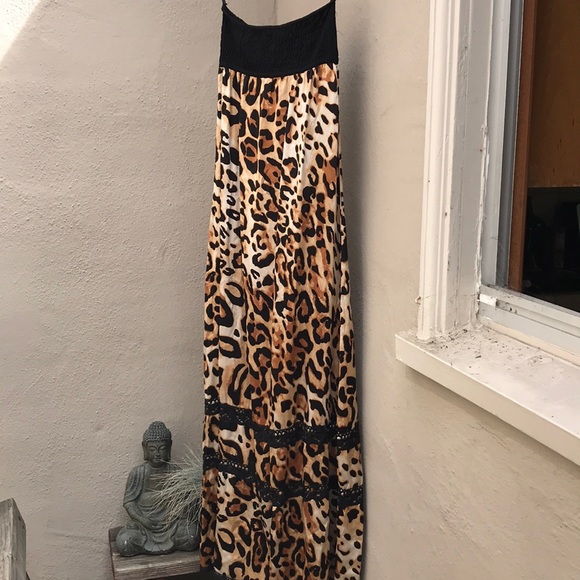 Long Strapeless Leopard Satin Dress BeBe - Picture 7 of 8